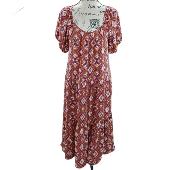 Knox Rose Midi Dress Womens Size XS Boho Short Sleeve Square Neck Red Pink - Picture 2 of 9